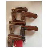 New set of 5 Sheffield folding box knives with beautiful wooden trim