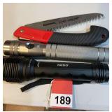 Corona Camp saw, 1 Joey flashlight, 1 NEBO Zoom light