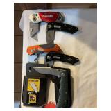 4 folding box knives, 50 new box knife bade pack, 1 nice Blackstone folder