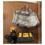 1 large Camo NRA range bag, 12 inch Dewalt tool bag, 1 new Dewalt tool pouch And 1 Dewalt cell phone pouch