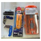 2 new folding box knives, Dewalt 11 piece bit set, New ZIRCON Stud finder, new HDX 77 piece set of bits with 2 ratcheting drivers in case.