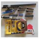 25 ft. new Stanley tape, Several nut drivers ¼ in long extension, 1 new precision nut driver set.