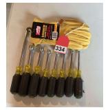New 8 piece set of Klein Nut drivers and 1 pair of new Deer Skin gloves-Medium