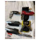 2 box knives, 2 single blade folders, Sheffield Mini Multi Tool and knife