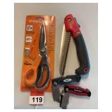 Fiskars shears, 1 compact camp saw and 2 box knives