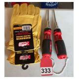 2 new Milwaukee ratcheting screwdrivers with 7 bits each and 2 new pair of Deerskin gloves both Medium