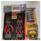 New 9 piece set of impact sockets, 5 piece set of nut drivers, New 25 ft. tape and New 5 piece set of Hyper Tough pliers in zipper case.