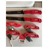 6 Milwaukee knives 4 folding box knives and 2 fixed blade