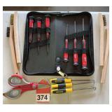1 new set of Milwaukee screwdrivers and 4 new brass brushes, 3 new Stanley Pic set, new set of shorty scissors.