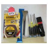 25 ft. new tape, 2 mini wrecking bars, 5 piece Klein new set of precision screw- drivers, 1 new Nebo JAG Flashlight 300 lumen.