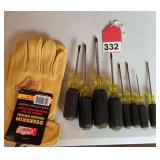 New 8 Piece set of Klein Screwdrivers and new pair Deer Skin gloves – Medium