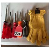 1 pair of new Deer Skin large and 3 VACO screw starting screwdrivers, and 3 – 7 piece adjustable screwdrivers