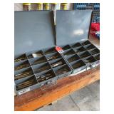 2 Klein metal 12 compartment trays full of drill bits, taps, step bits, easy outs, with 1 set of taps for NPT 1/8 inch thru 1 inch. Most items are top end and never used