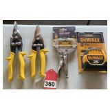 2 new pair of tin snips – Straight and Left cut, 1 Vise Grip and 1 Dewalt new 25 ft. Tape.