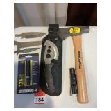 1 Schrade Hatchet with 4 blades & 1 Inova light, 1 Nebo light and a new Mintcraft machete