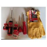 3 new Milwaukee ratcheting screwdrivers with 7 bits, 6 piece set of reversible screwdrivers and a pair of Large Deer skin gloves.