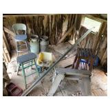 Barn Contents Including Milk Cans, Stools, and Basketball Backboard