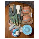 Southwestern Decor Including Cactus Decors, Pottery Pockets, Figurine, and Bell