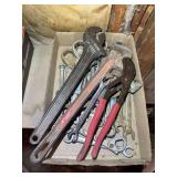 Hand Tools Featuring Crescent 15 Inch Adjustable Wrench, Ridgid Pipe Wrench, and Combination Wrenches