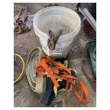 Bucket of Heavy Duty Tow Chains, Hoisting Hooks, and Ratchet Straps
