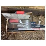 Hand Tools and Equipment Including Jobsmart Tool Box Saw, QLT Marshalltown Notched Trowel, Float, and Pressure Gauge Hose
