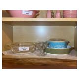 Kitchenware Including Pyrex Blue Butterprint Casserole, Corning Ware Dish, Fire-King Divided Dish, and Glassware