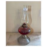 Red and Clear Glass Oil Lamp with Plume & Atwood Burner