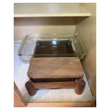 Pyrex Amber Bakeware and Serving Platters Lot with Wood Stand