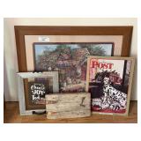 Decor and Collectibles including Barbara Mock Framed Print, Saturday Evening Post Metal Sign, and Wooden Decor