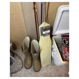 Fishing Equipment with Rods, Reels, Boots, and Fish Filet Board