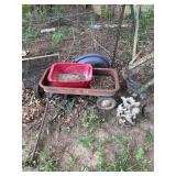 Farm and Garden Items Including Wooden Feeder, Radio Flyer Wagon, Bench, and Statuary
