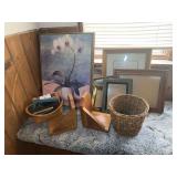 Home Decor with Picture Frames, Wood Bookends, Woven Baskets, and Floral Wall Art