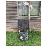 Lot of Five Yard Decor and Outdoor Items Including Table, Rooster Figure, and Shepherd Hook