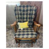 Wooden Glider Rocking Chair with Plaid Cushions and Accent Pillow