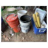 Utility Buckets, Coolers, Trash Can, and Milk Crates