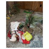 Christmas Holiday Decor with Sled, Stockings, and Figurines