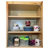 Kitchen Cabinet Contents Including Mugs, Plates, Bowls, Storage Containers, and Glassware