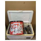 Igloo Marine Cooler Filled With Collectible Beer Cans, 101 Dalmatians Tin, And Jack Daniel
