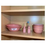 Pink Kitchenware Including Mixing Bowls, Cereal Bowls, Salt and Pepper Shakers
