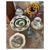 Stemware music box, decorative plates, glass, bell, and more