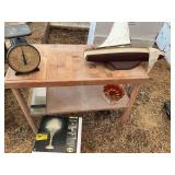 Wooden table, Hanson scale, boat & more