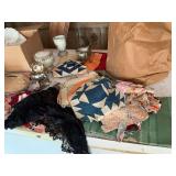 Vintage fabric scraps, doilies, quilt blocks and other assorted items