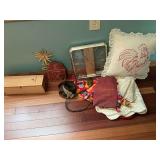 Assorted decor items with leather belts and clock