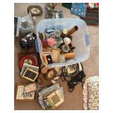 Tote of assorted picture, frames, candles, playing cards, maracas, power strip, and more