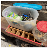 Antique Coca Cola Crate, tote of assorted items and tub of bungee cords