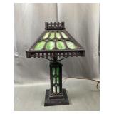 Cast Iron Arts & Crafts Era Green Slag Glass Lamp