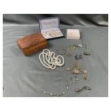 Costume Jewelry and Wooden Box