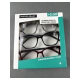 Foster Grant +2.00 3 Reading Glasses 1 Case