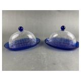 Pair of Blue Cobalt Blue Glass Butter Dishes