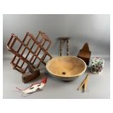 16' Wooden Bowl, Wall Hooks, Box & More